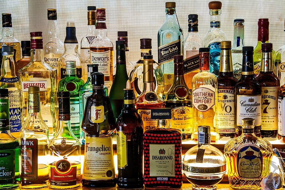 assorted glass liquor bottle lot, bottles, alcohol, drink, bar