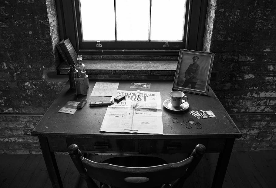 graycale photography of desk and chair beside window, ww1, flanders, HD wallpaper