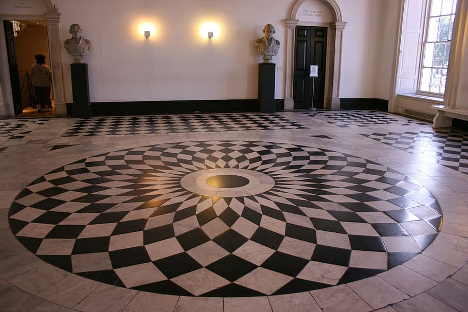 brown wooden door closed, chess flooring, black and white floor, HD wallpaper
