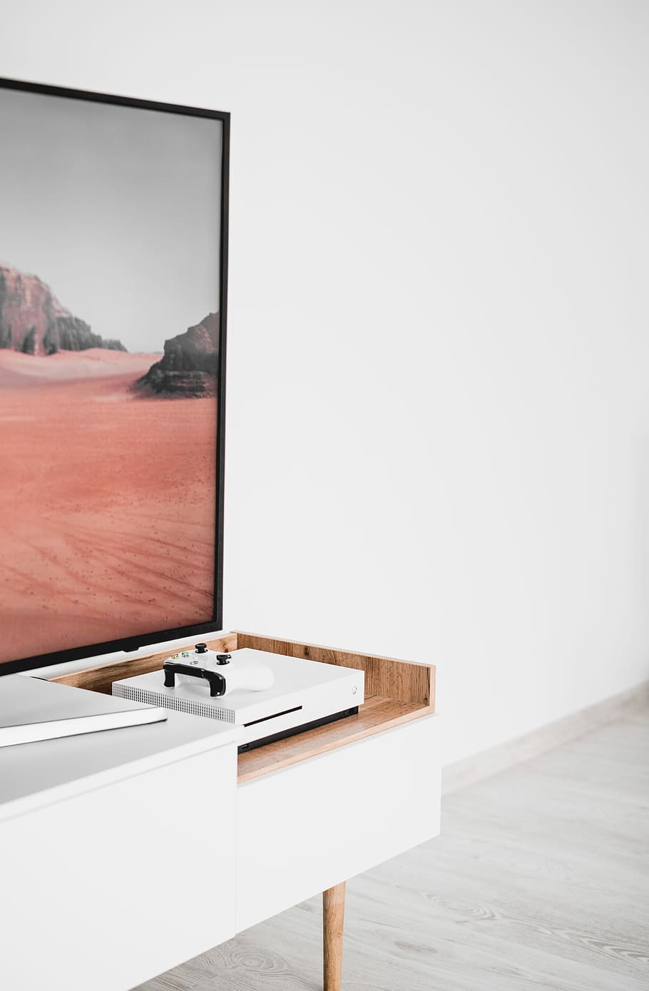 white Xbox One near TV, Xbox One beside TV, minimal, furniture, HD wallpaper