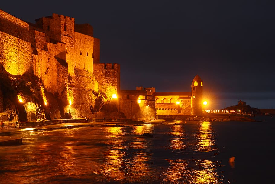 collioure, night, france, port, sea, landscape, mediterranean, HD wallpaper