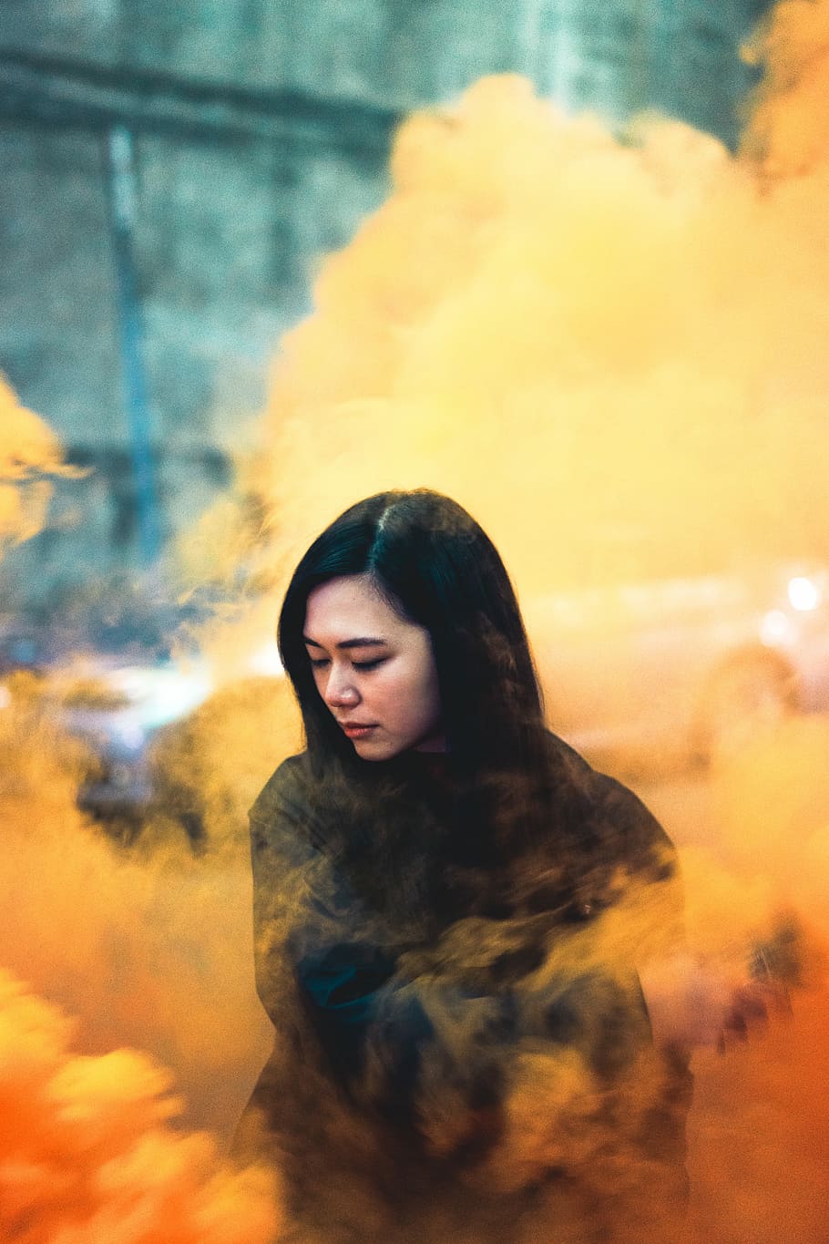 woman surrounded by orange smoke, woman in black jacket with yellow and orange smog, HD wallpaper