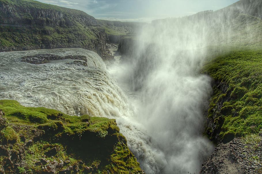 gullfoss, waterfall, enormous, iceland, spray, fog, force of nature, HD wallpaper