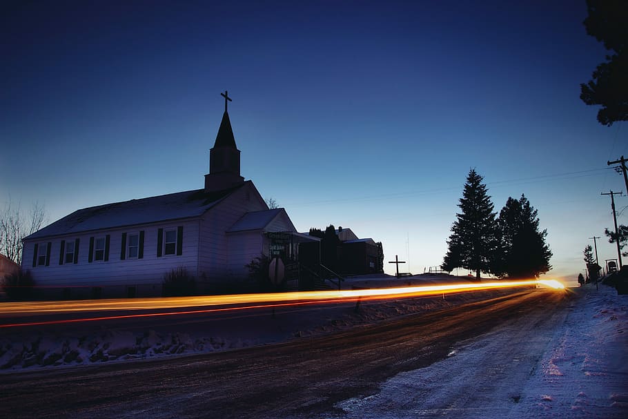 white church, time lapse photo of cathedral beside road, building HD wallpaper