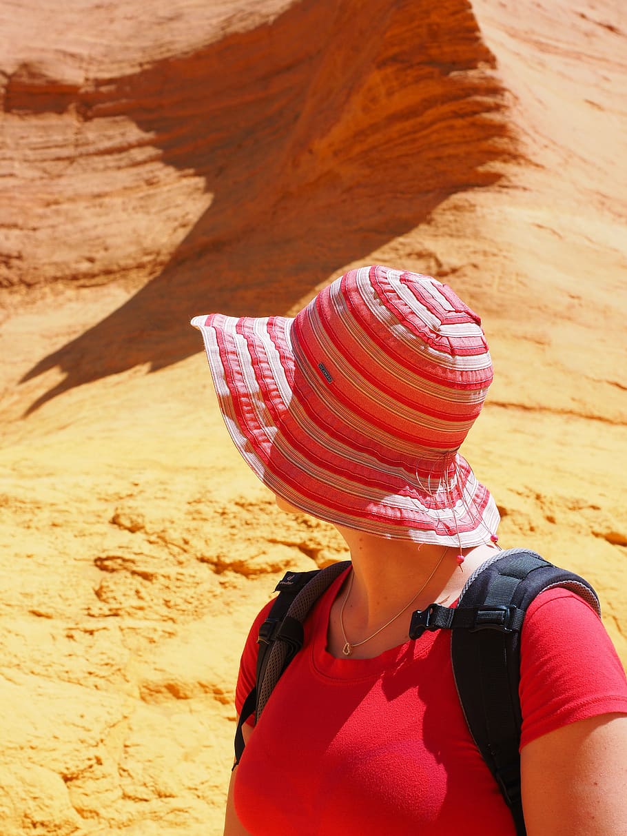 woman, person, hat, summer, tourism, places of interest, ocher rocks HD wallpaper