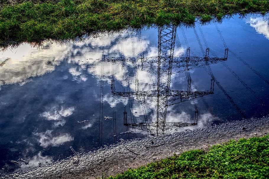 puddle, strommast, mirroring, reflection, clouds, sky, blue
