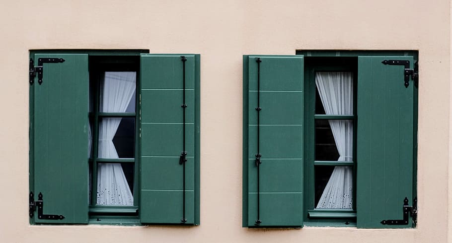 two green opened windows, two open green window panels, shutter HD wallpaper