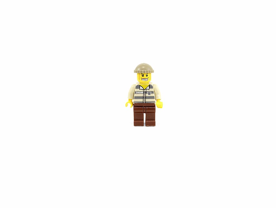brown and yellow minifig, prisoner, lego, jail, pair, back, ball