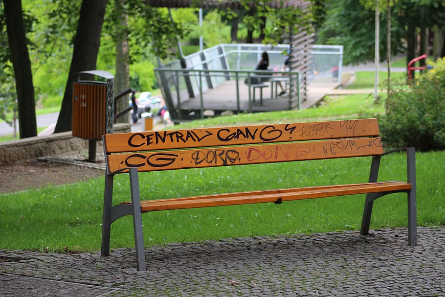 bench, graffiti, park bench, grass, outdoors, summer, outside HD wallpaper