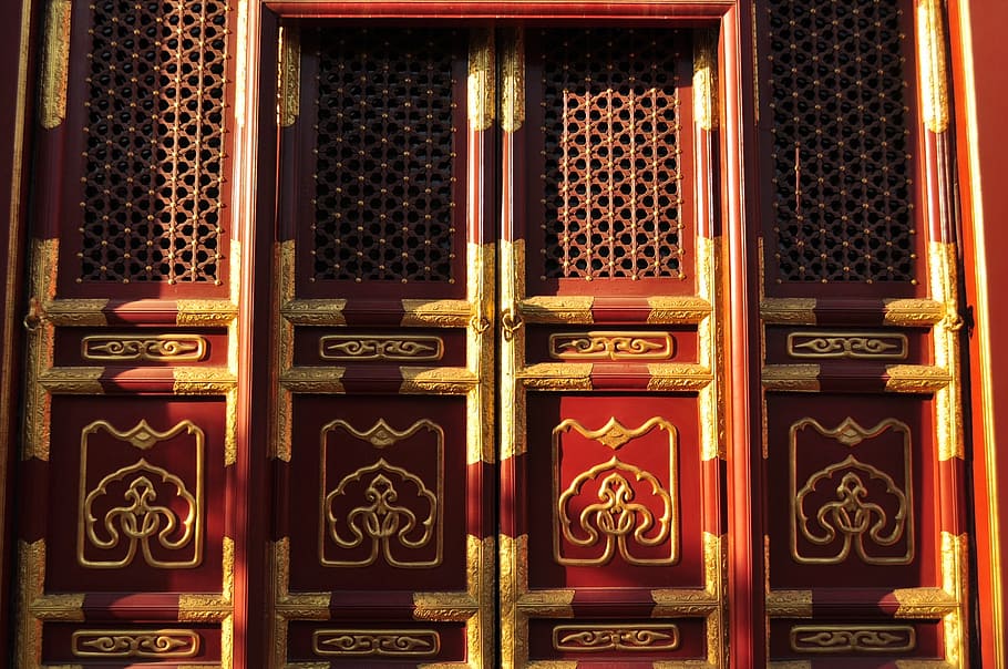 closed brown and red wooden door, beijing, china, architecture HD wallpaper
