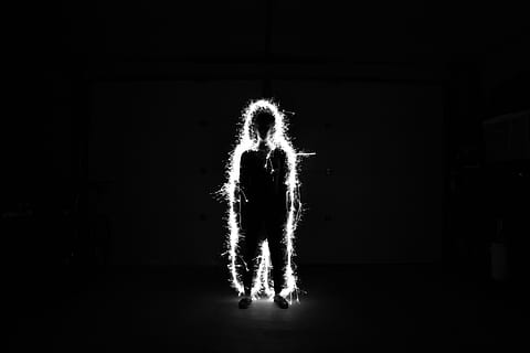 silhouette of man wallpaper, darkness, spark, guy, people, black and white HD wallpaper