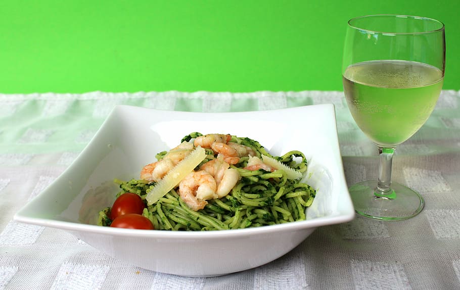 pasta, spaghetti, shrimp, wine, green, food and drink, glass HD wallpaper