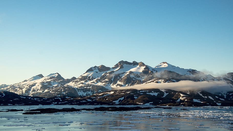 mountain, sea, clouds, floating, ice, snow, greenland, summer HD wallpaper