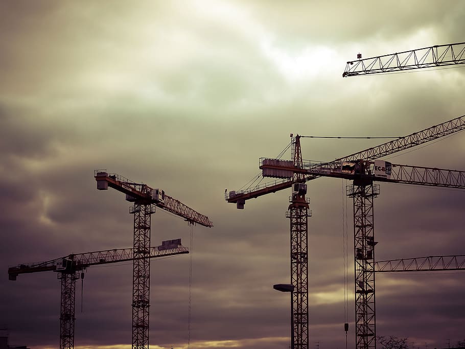 grey canes under white sky low angle photography, construction HD wallpaper