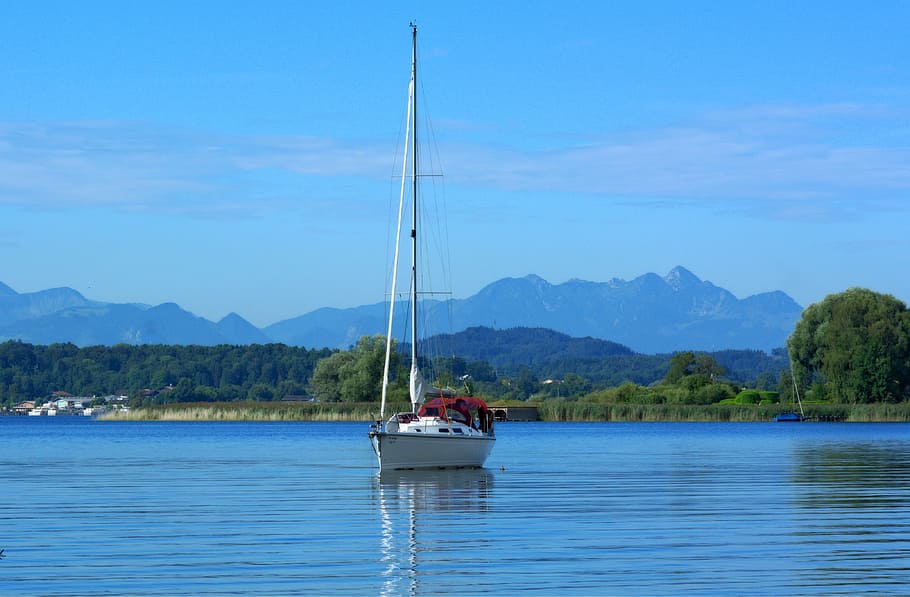 Nature, Lake, Chiemsee, Boot, Pier, trees, green, idyll, bank, HD wallpaper