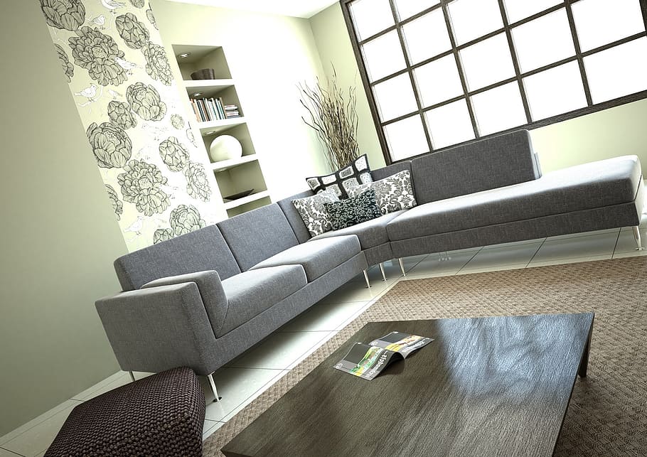 photo of gray sectional couch, design, 3d, room, sofa, domestic Room HD wallpaper