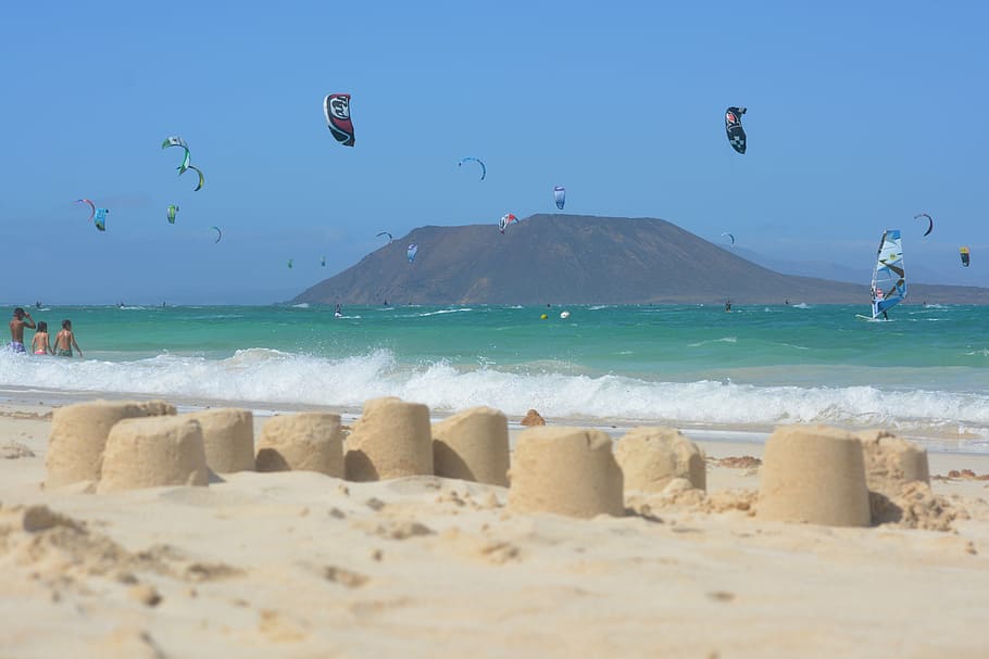 holiday, beach, sea, blue sky, waves, fuerteventura, isla de lobos, HD wallpaper