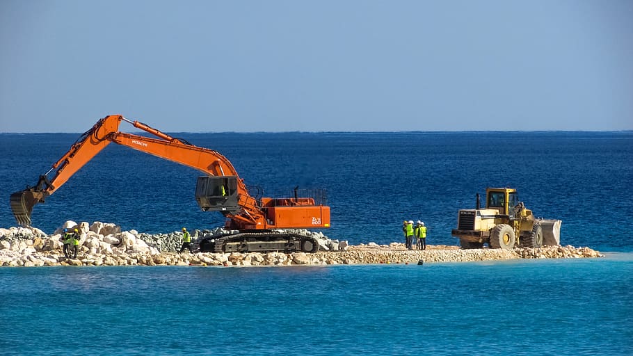 Excavator, Bulldozer, Vehicle, Workers, construction, marina, HD wallpaper