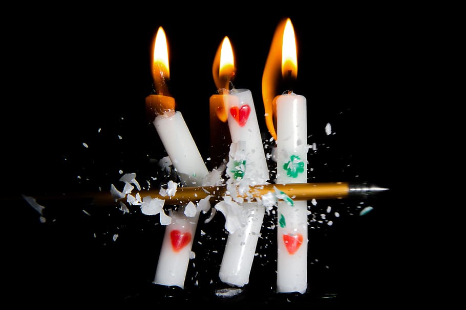thee slices of lighted candles, flame, fire, burn, arrow, crossbow HD wallpaper