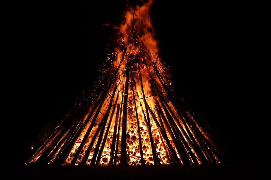 woods burning at night, midsummer, fire, blaze, flame, red HD wallpaper