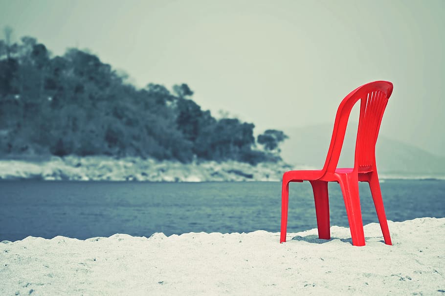 Chair, Red, River, Vacation, Hill, Relax, scenic, water, sea HD wallpaper