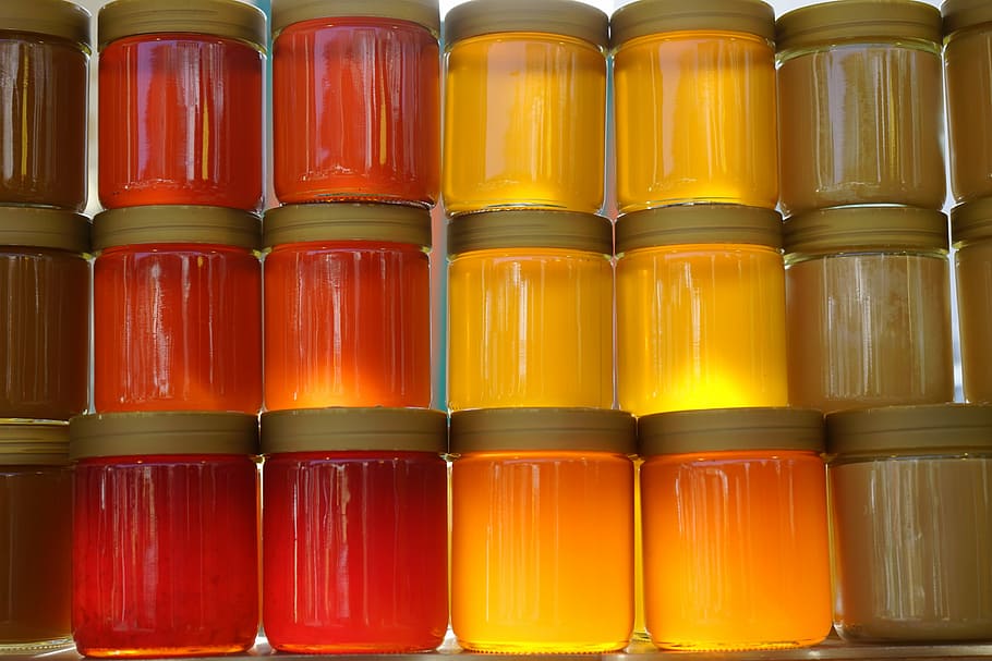 clear glass mason jars, honey, honey jars, forest honey, flower honey