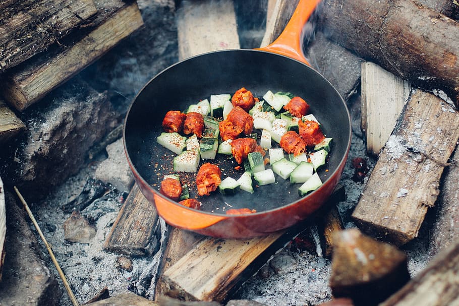 sliced veggies on non-stick pan, fire, campfire, outdoor, cooking, HD wallpaper