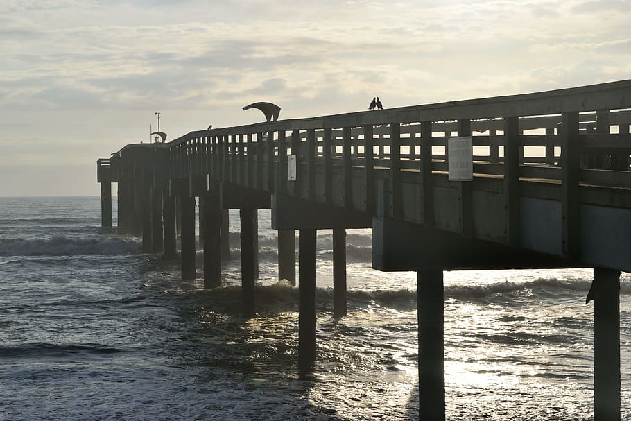 fishing pier, structure, landscape, ocean, sea, background HD wallpaper