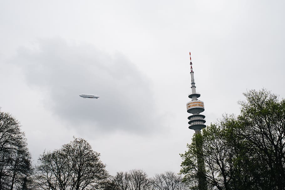Airship and TV tower, other, sky, communications Tower, outdoors HD wallpaper
