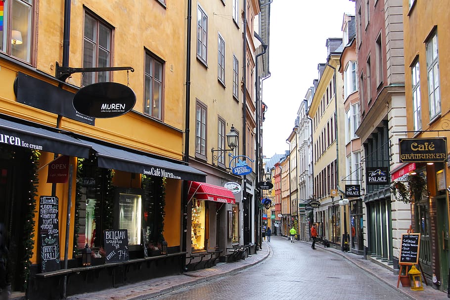 concrete pathway surrounded with buildings, gamla stan, old town, HD wallpaper