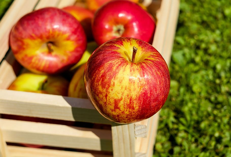 selective focus photo of an apple on brown wooden crate, red HD wallpaper