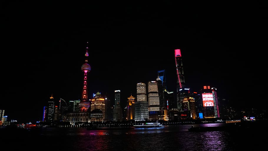 Oriental Pearl Tower, city, night, lights, building, water, reflection