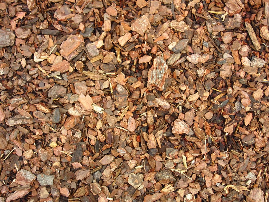 wood chip lot, bark mulch, ground, snippets, crushed, texture