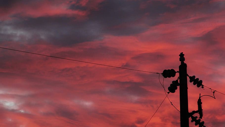 silhouette of electric post during sunset, pink clouds during daytime, HD wallpaper