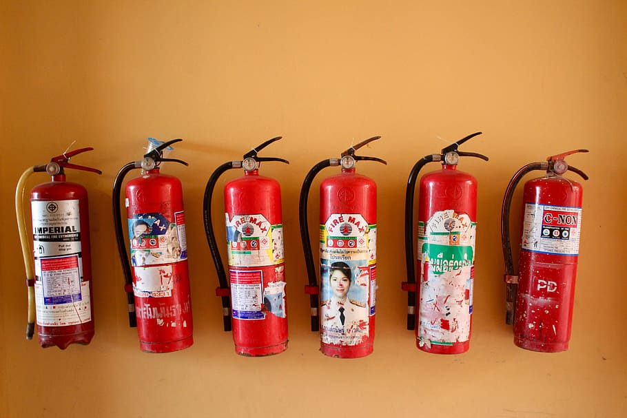 red fire extinguishers, security, protection, fire protection HD wallpaper