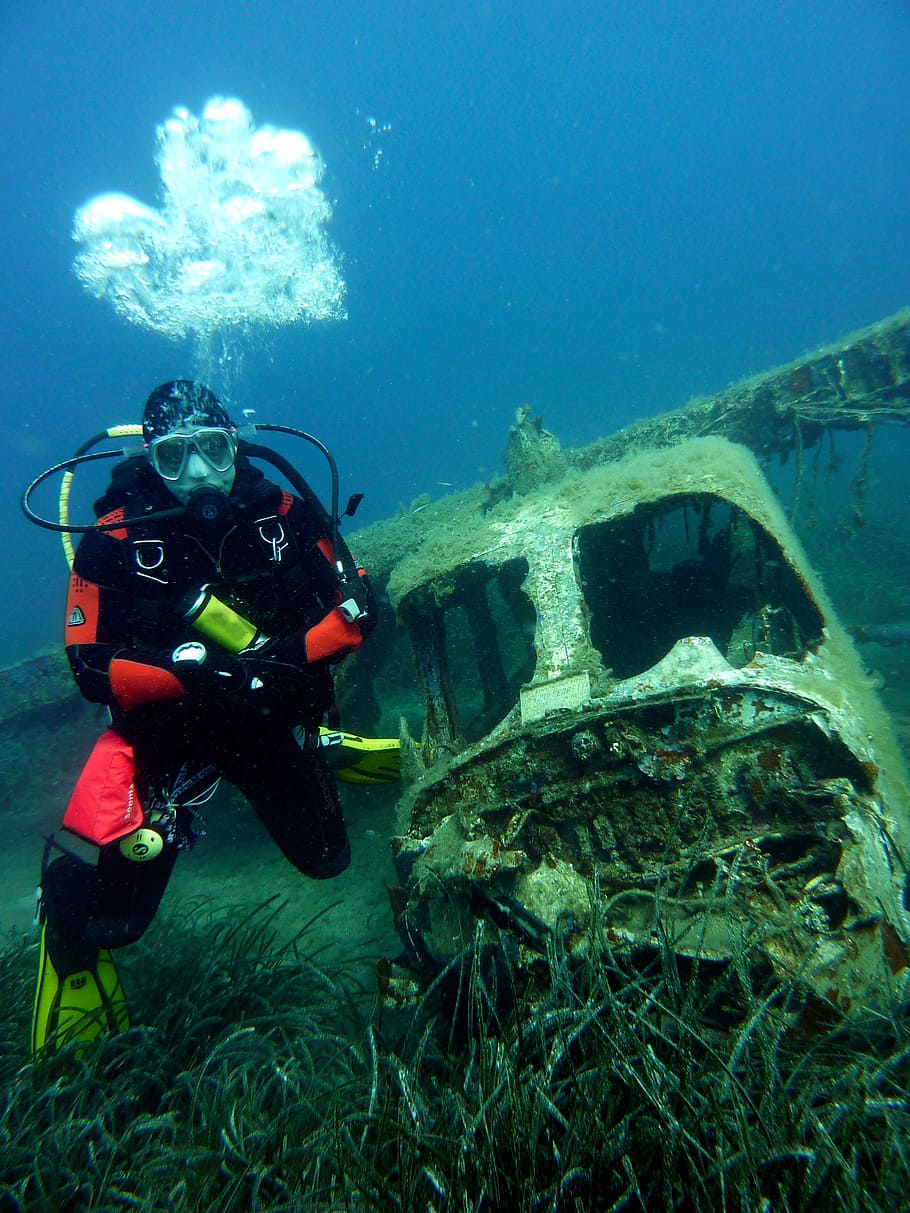 diving, underwater, dive, divers, underwater world, wreck, aircraft HD wallpaper