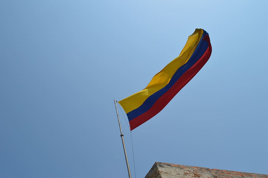 colombia, flag, sky, low angle view, blue, wind, day, clear sky