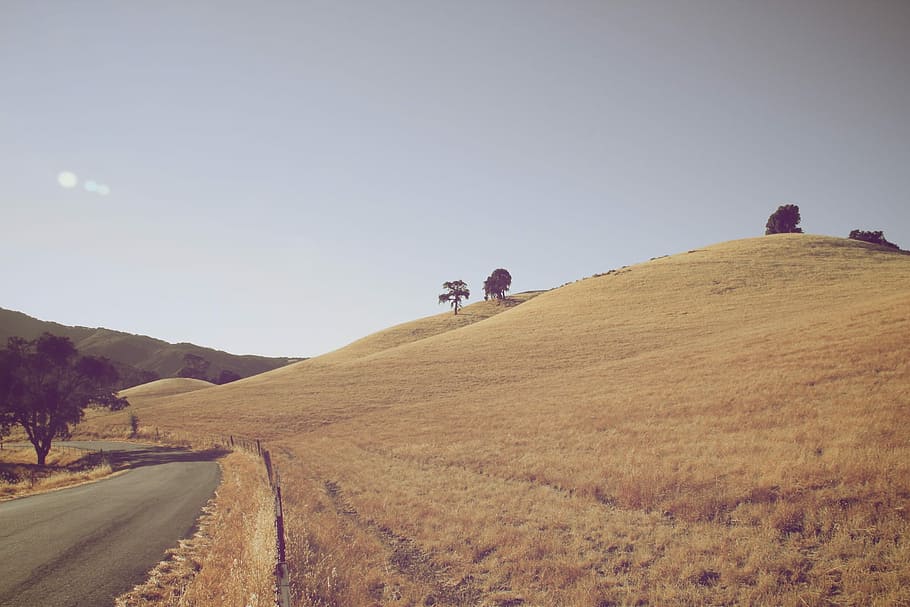 landscape photo of road beside field of grass, road beside hill HD wallpaper