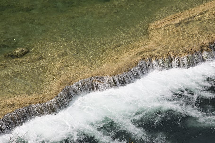 aerial photography of flowing river, waterfall, green, forest HD wallpaper