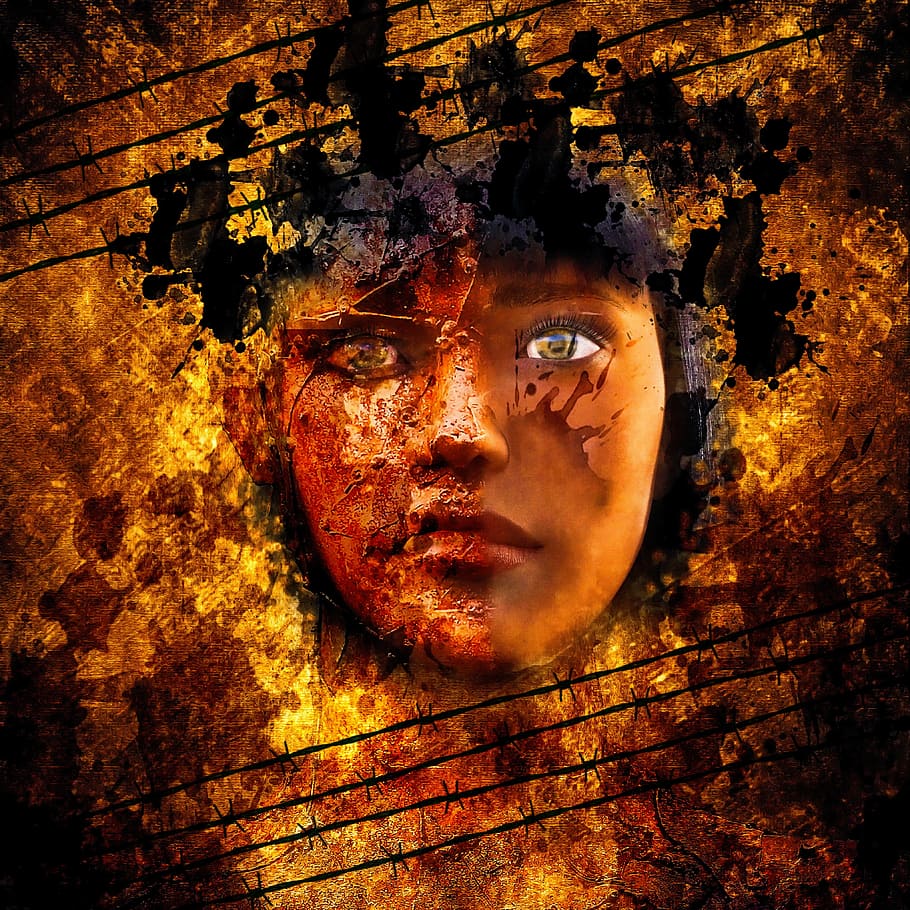 barbed wire, human, portrait, dirty, woman, adult, horror, art HD wallpaper