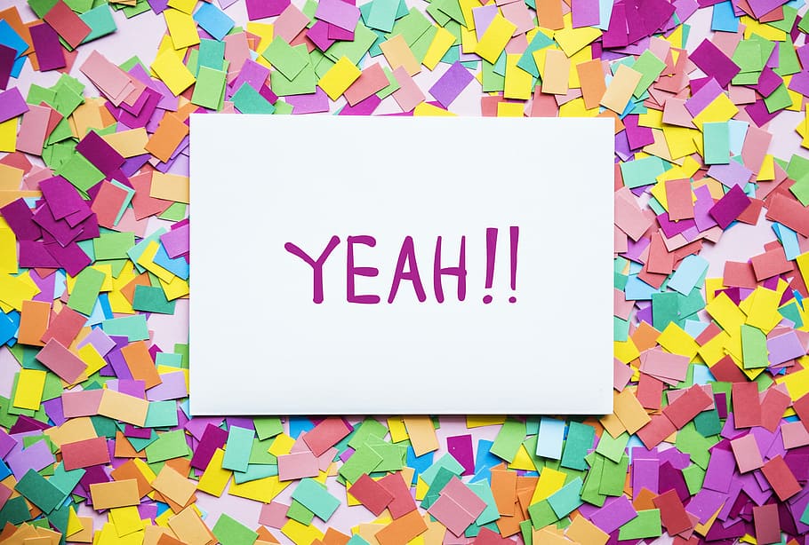 Yeah! text, sign, confetti, writing, type, typography, communication HD wallpaper