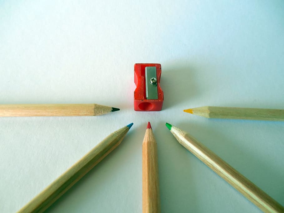 several colored pencils near red sharpener, Spitzer, pens, colorful HD wallpaper