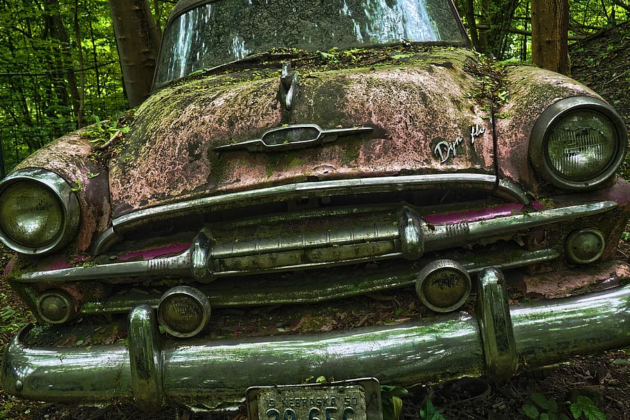 abandoned classic car on forest, auto, car cemetery, oldtimer, HD wallpaper
