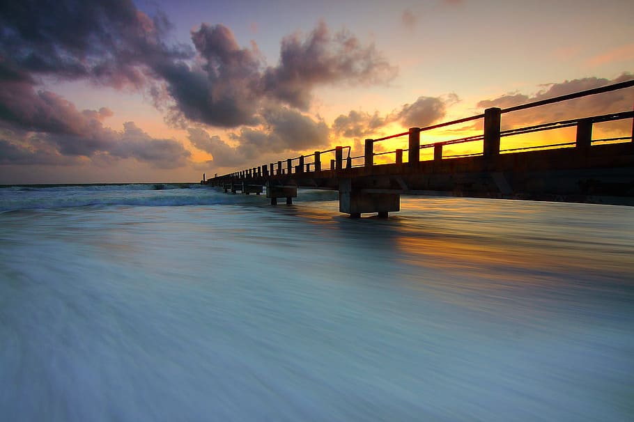 Wooden Pier on Ocean Waves, beach, bridge, dawn, dusk, outdoors HD wallpaper