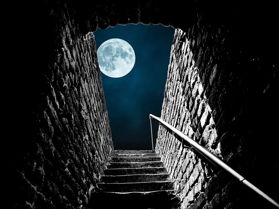 HD wallpaper: gray concrete stairs under full moon during ...