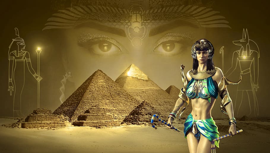 female Egyptian illustration, fantasy, pyramids, desert, sand