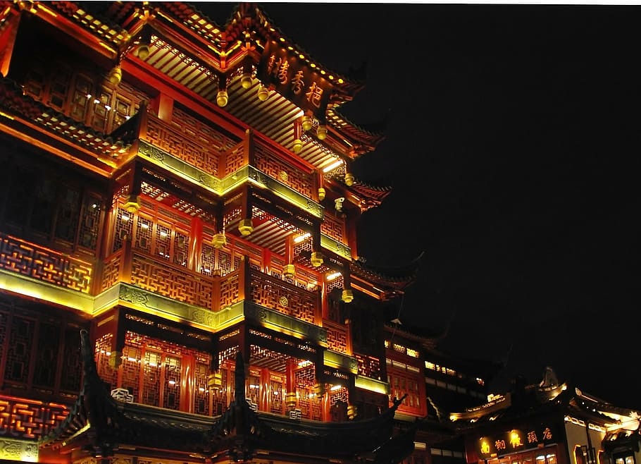 china, shanghai, illumination, nocturne, building, old town, HD wallpaper