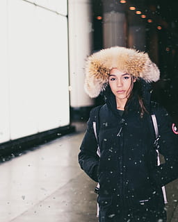 woman in black and brown parka coat during winter, women, people HD wallpaper