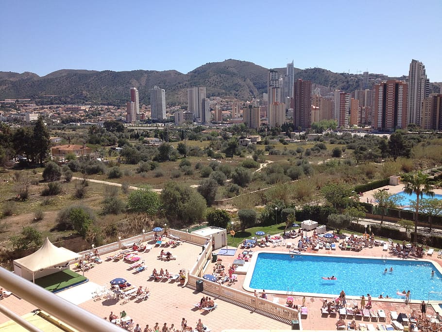 arial view of city with buildings, Benidorm, Holiday, Pool, Sunshine