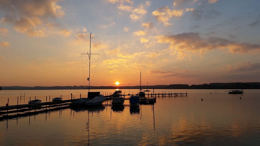 sunset, waters, dawn, reflection, sea, sky, transportation HD wallpaper